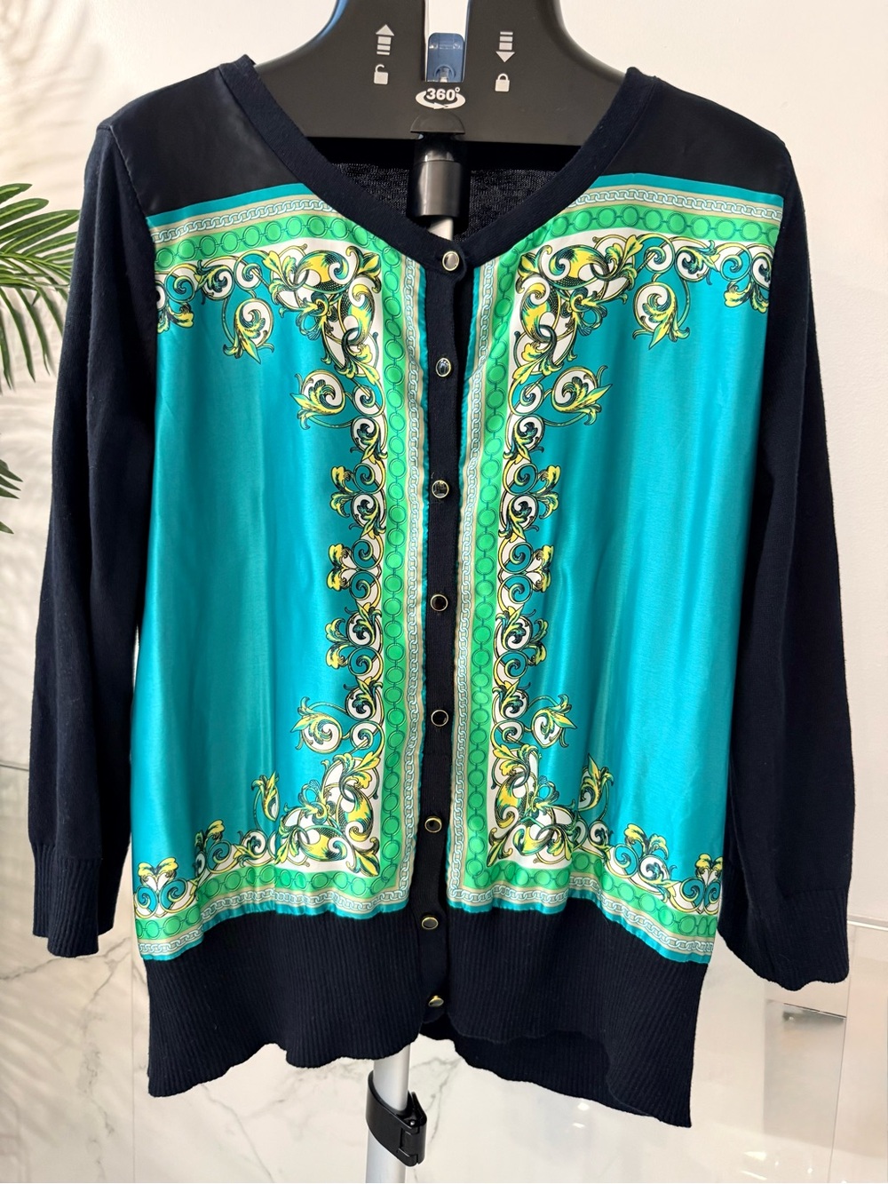 AB Studio Scarf Print Cardigan Teal Green Gold Baroque Button Sweater XL